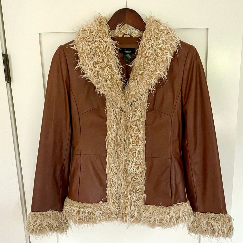 Frenchi Genuine Leather Jacket with Faux Fur Trim - Size S